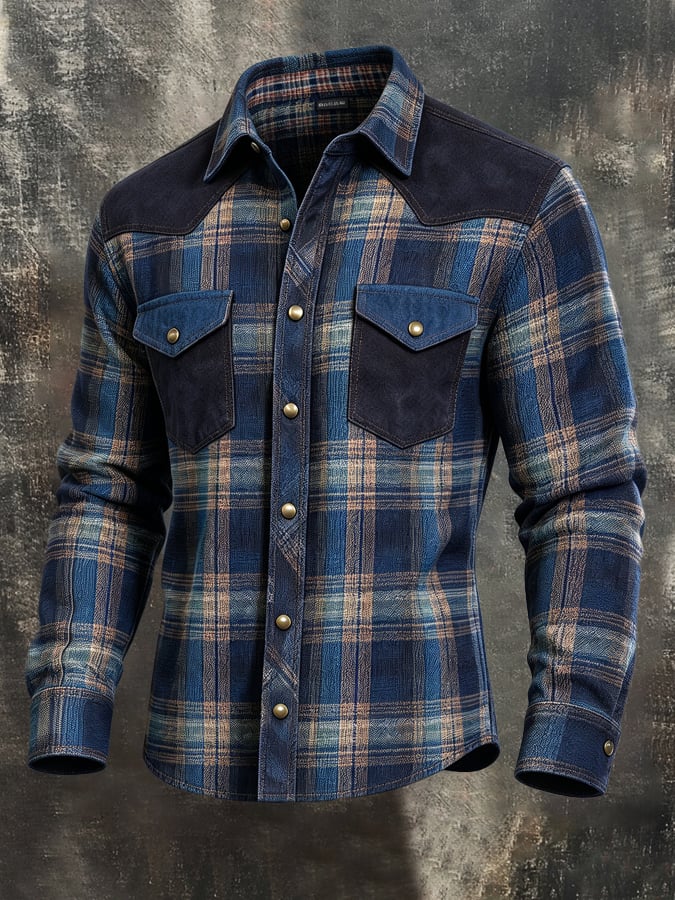 Men's Vintage Western-Style Patterned Suede Long-Sleeve Shirt