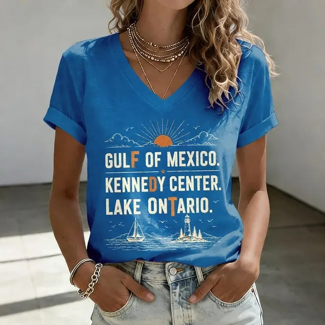V-neck Retro Fdt Gulf Of Mexico. Kennedy Center. Lake Ontario. Print T-shirt
