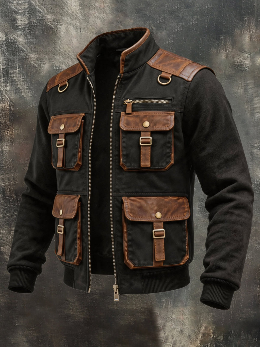 Men's Vintage Leather-Panel Multi-Pocket Outdoor Jacket