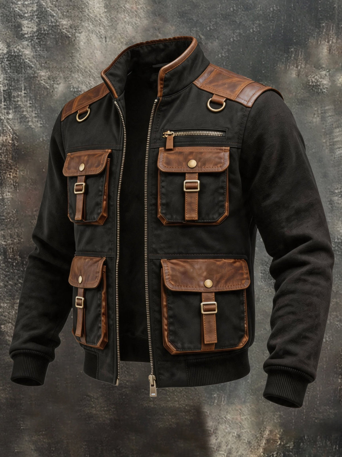 Men's Vintage Leather-Panel Multi-Pocket Outdoor Jacket