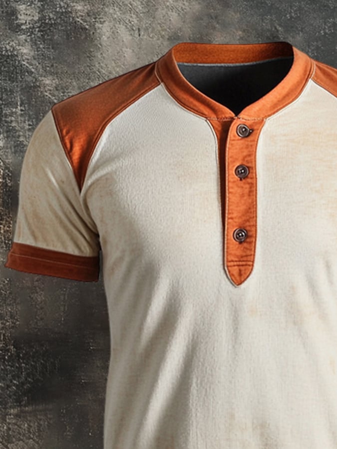 Men's Retro Colorblock Henley Collar Short Sleeve T-Shirt