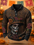 Men's Day Of The Dead Sombrero‐Clad Skull With Lush Rose Blooms Print Long Sleeve Polo Shirt