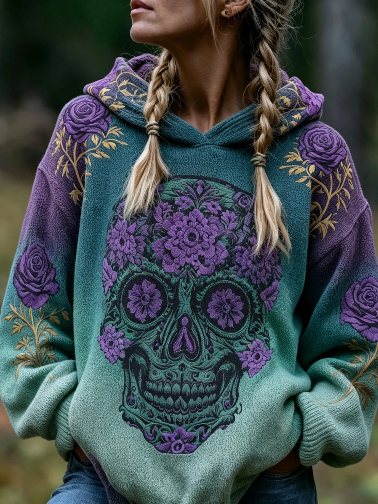 Women's Retro Viking Skull And Rose Pattern Casual Warm Hooded Sweater