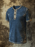 Men's casual Henley shirt with vintage print and short sleeves