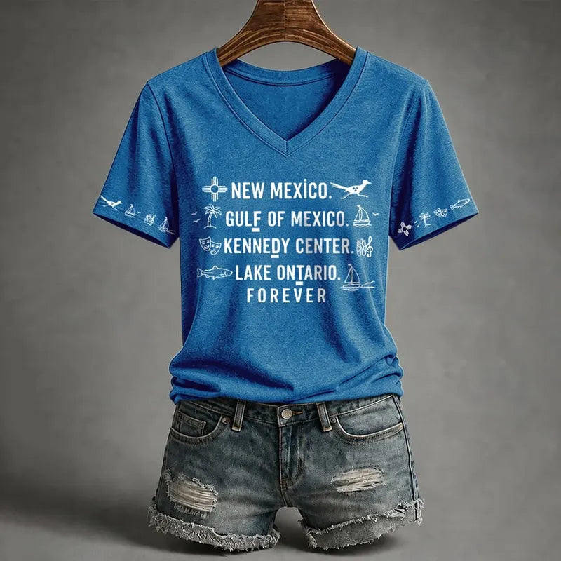 V-neck Retro New Mexico, Gulf Of Mexico, Kennedy Center, Lake Ontario, Forever Fdt Print T-shirt