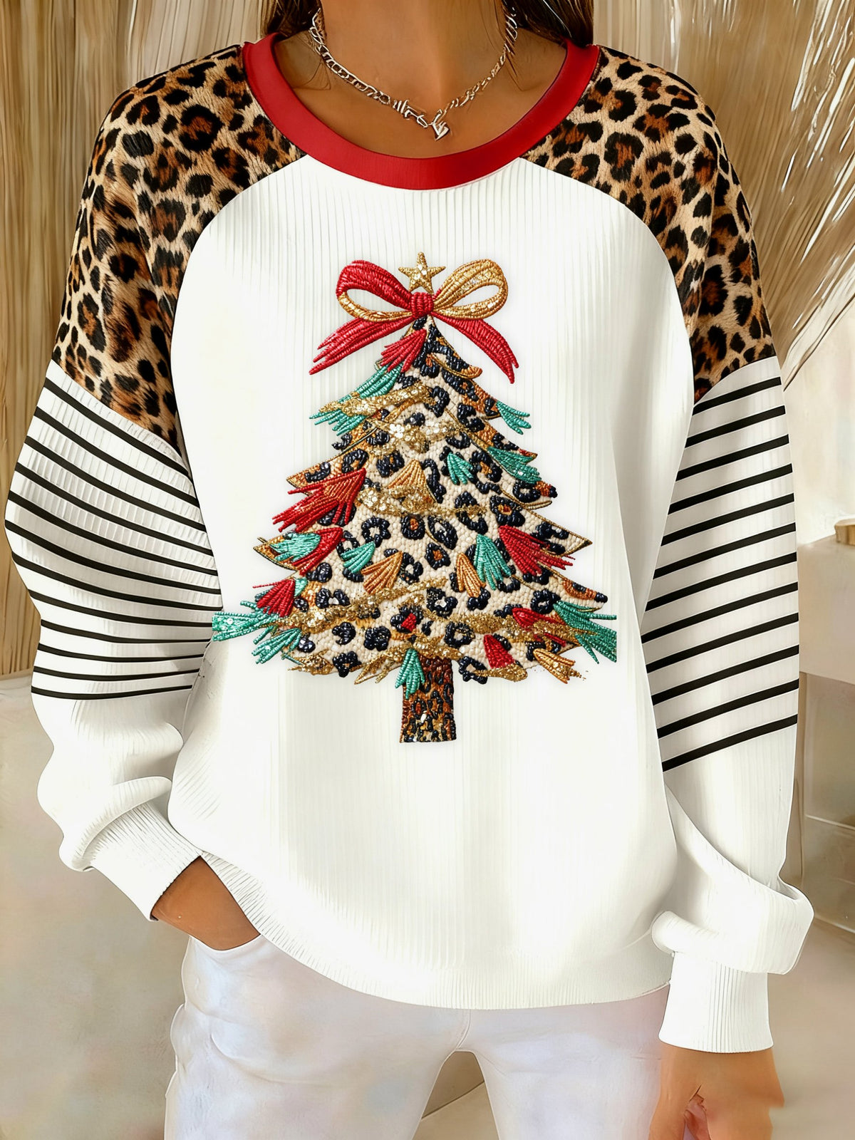 Women's Casual Retro Leopard Print Christmas Tree Sweatshirt