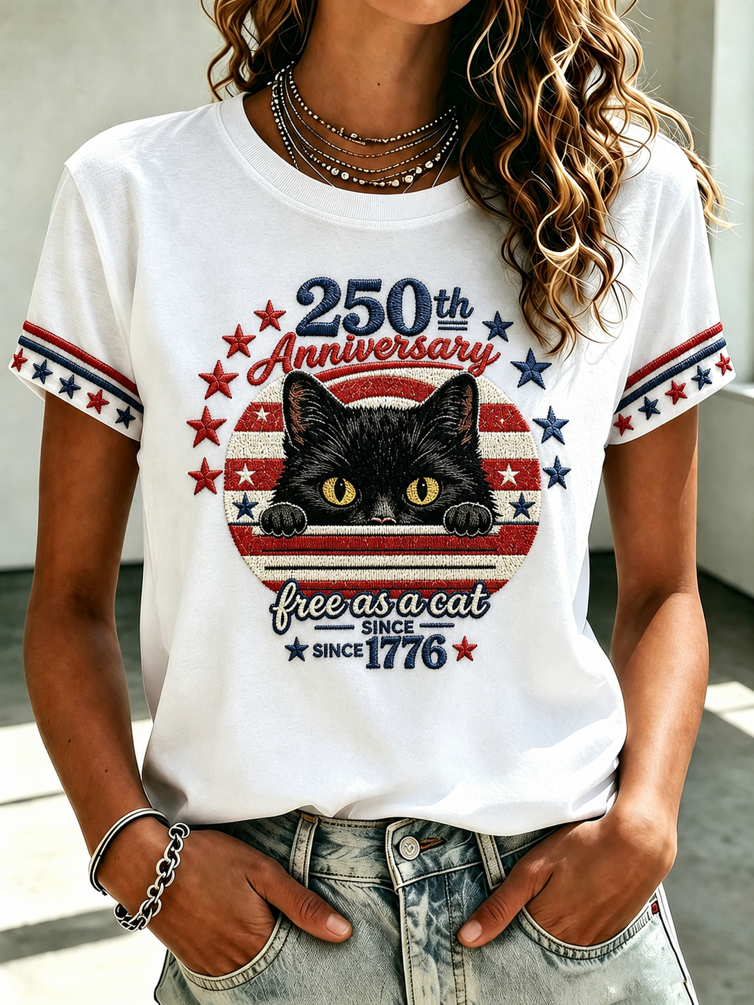 Women's 250 American Flag Cat Embroidered T-shirt