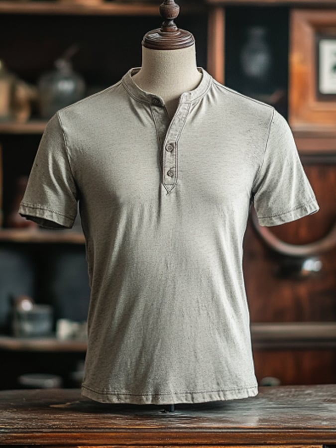 Men's Vintage Premium Distressed Henley Short Sleeve T-Shirt
