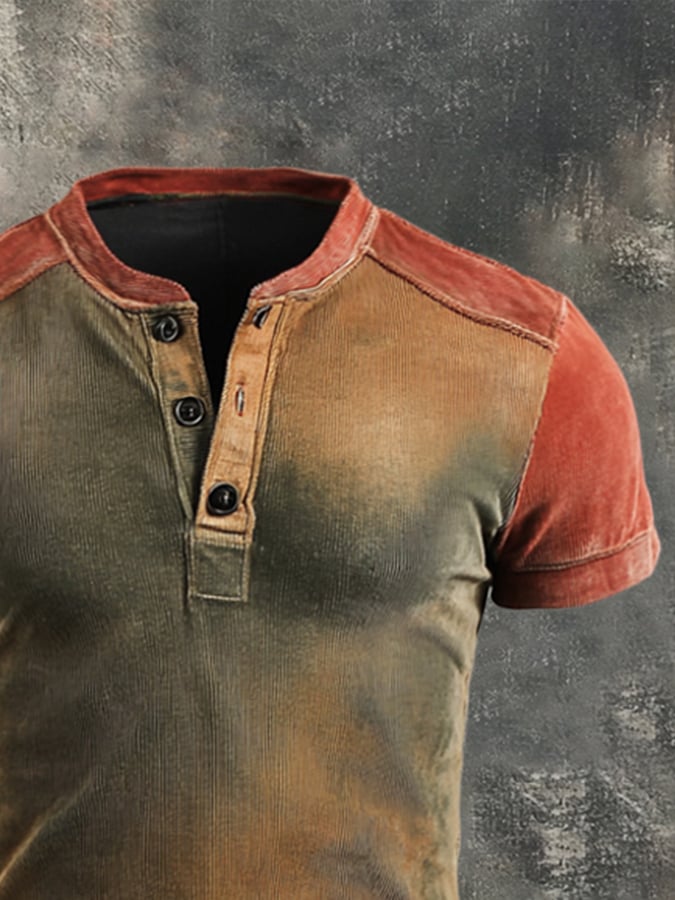 Men's Washed Colorblock Cotton Casual Henley Short Sleeve T-Shirt