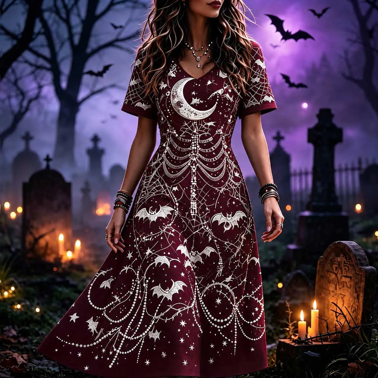 Women's Gothic V-neck Short Sleeve A-line Dress With Purple Moon And Bat Print