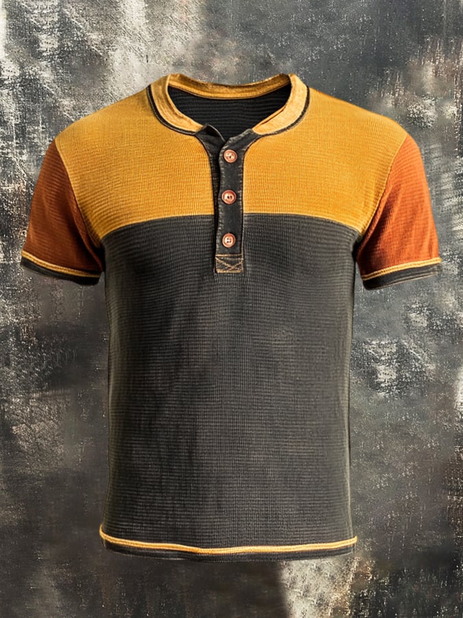 Men's casual waffle henley colorblock t-shirt