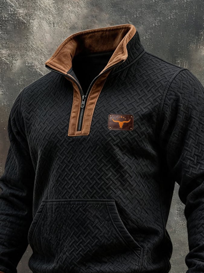 Men's Retro Textured Fabric & Suede Panel Quarter-Zip Long-Sleeve Sweatshirt