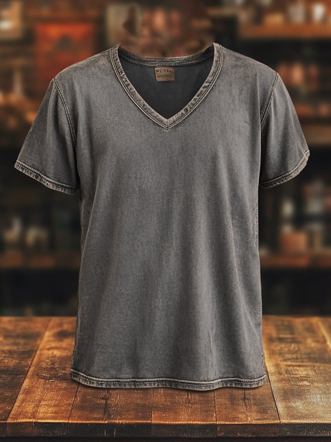 Men's Vintage Distressed Washed Enzyme Washed V-Neck Short Sleeve T-Shirt