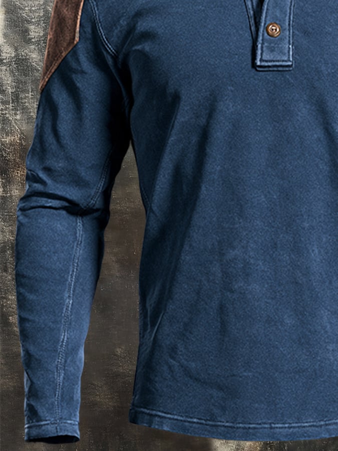 Men's Retro Faux Suede Panel Henley T-Shirt