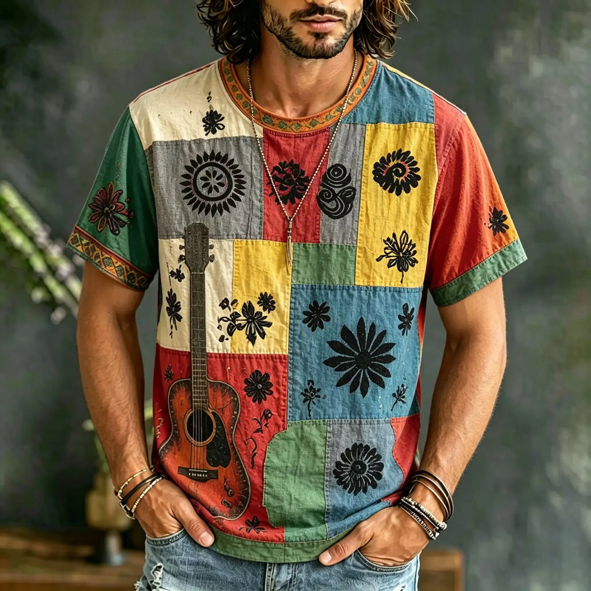 Men's Multi Tone Square Patch Music Floral Print Crew Neck Short Sleeve T-Shirt