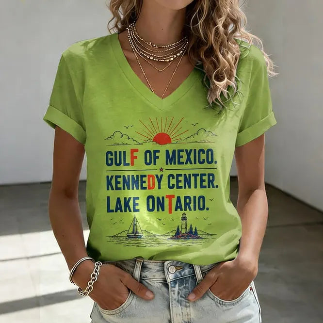 V-neck Retro Fdt Gulf Of Mexico. Kennedy Center. Lake Ontario. Print T-shirt