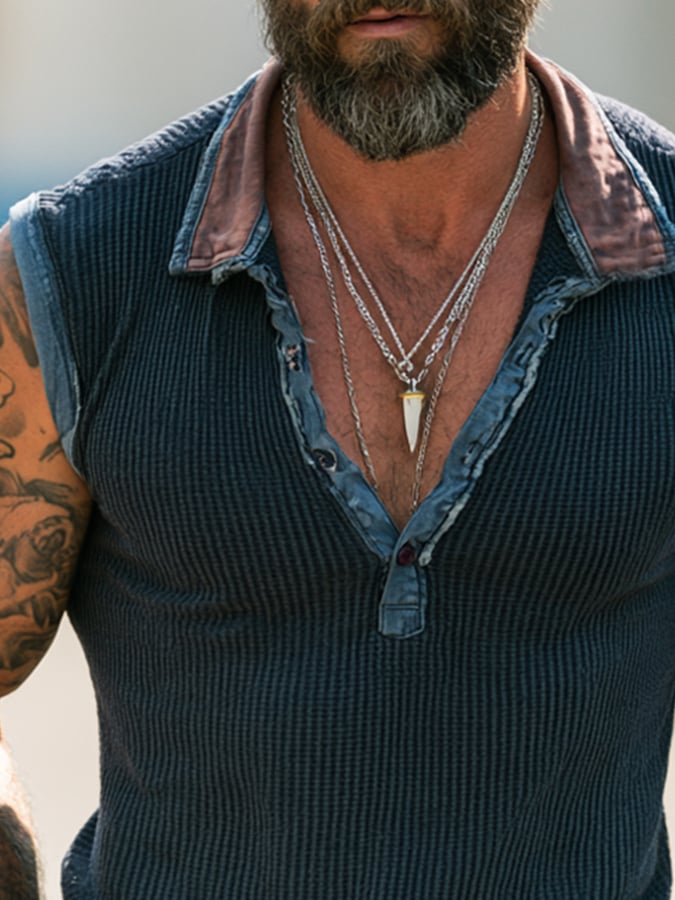 Men's Fashion Ribbed Color-Block Polo-Collar Vest