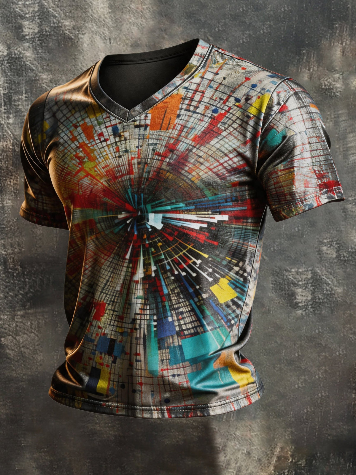 Men's Vintage-Style Distressed Color-Block Print V-Neck Short-Sleeve Top
