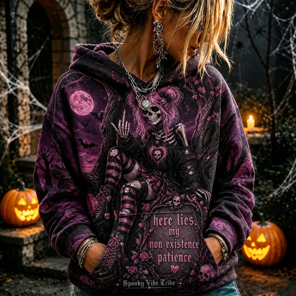 Vintage Distressed Pink And Purple Halloween Gothic Skull Girl Eerie Moon Bat Pattern Hoodie