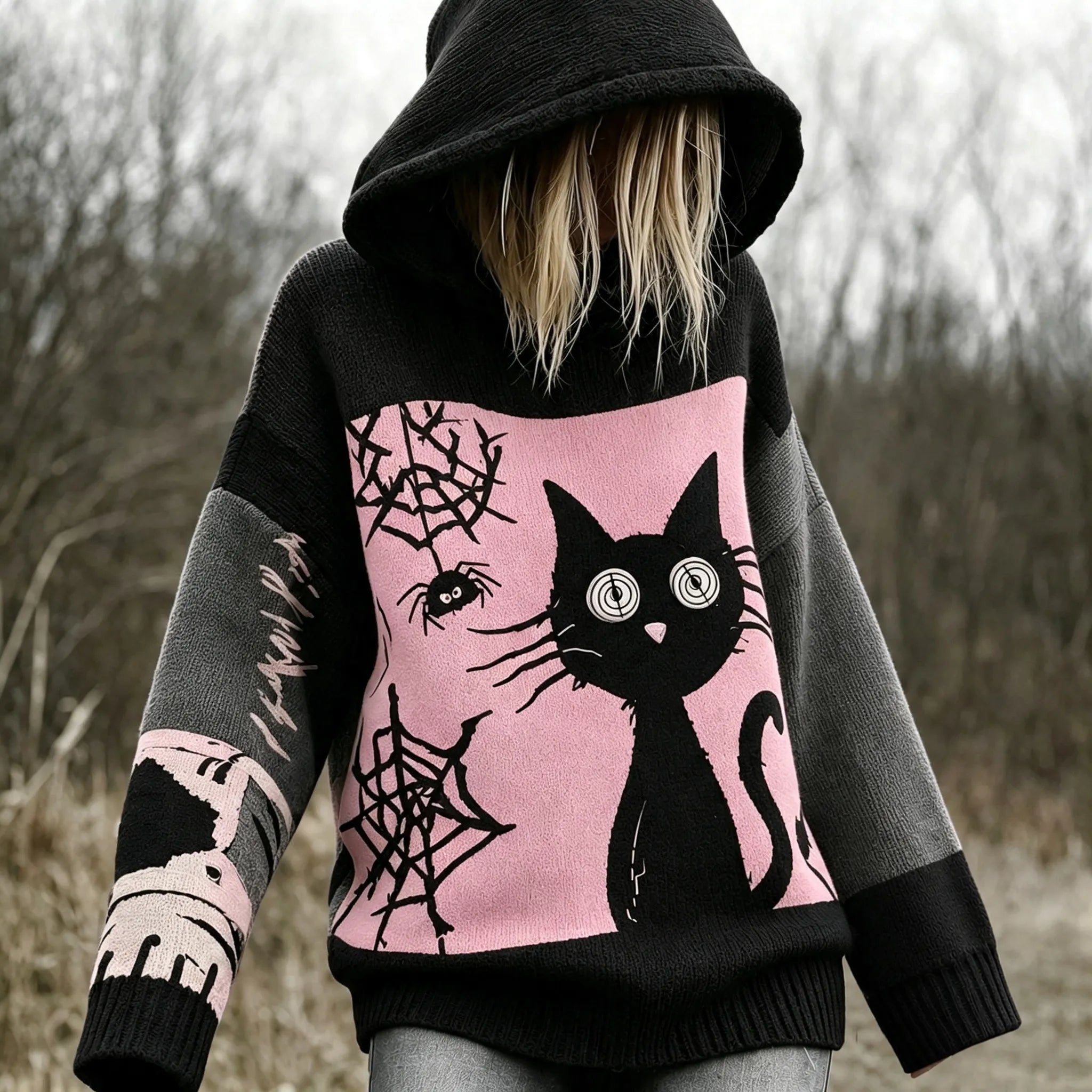 Halloween Scared Black Cat Patchwork Stitched Cozy Knit Hooded