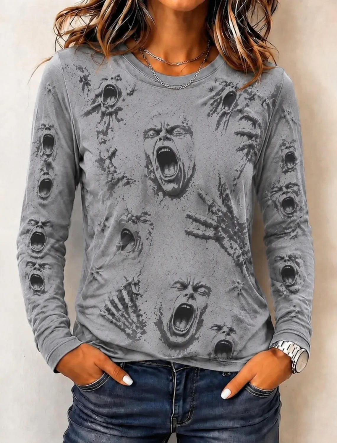 Women's Vintage Halloween Horror Face Print Comfy Long Sleeve T-shirt
