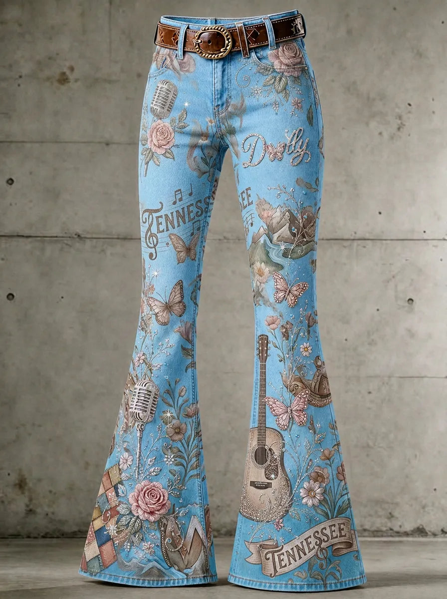 Women's Dolly Parton Country Music Guitar Rose Printed Flare Pants