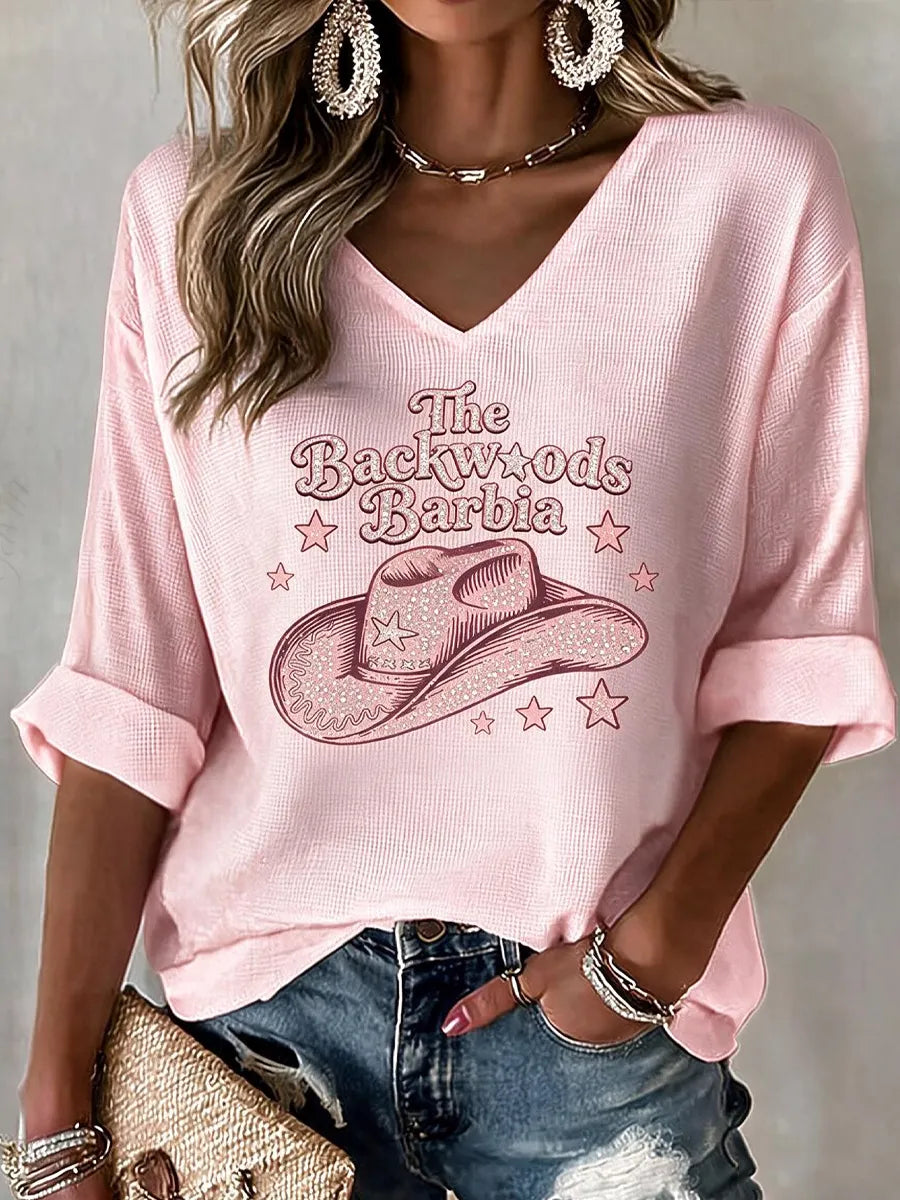 Women'S Commemorative Printed Waffle V-Neck Top