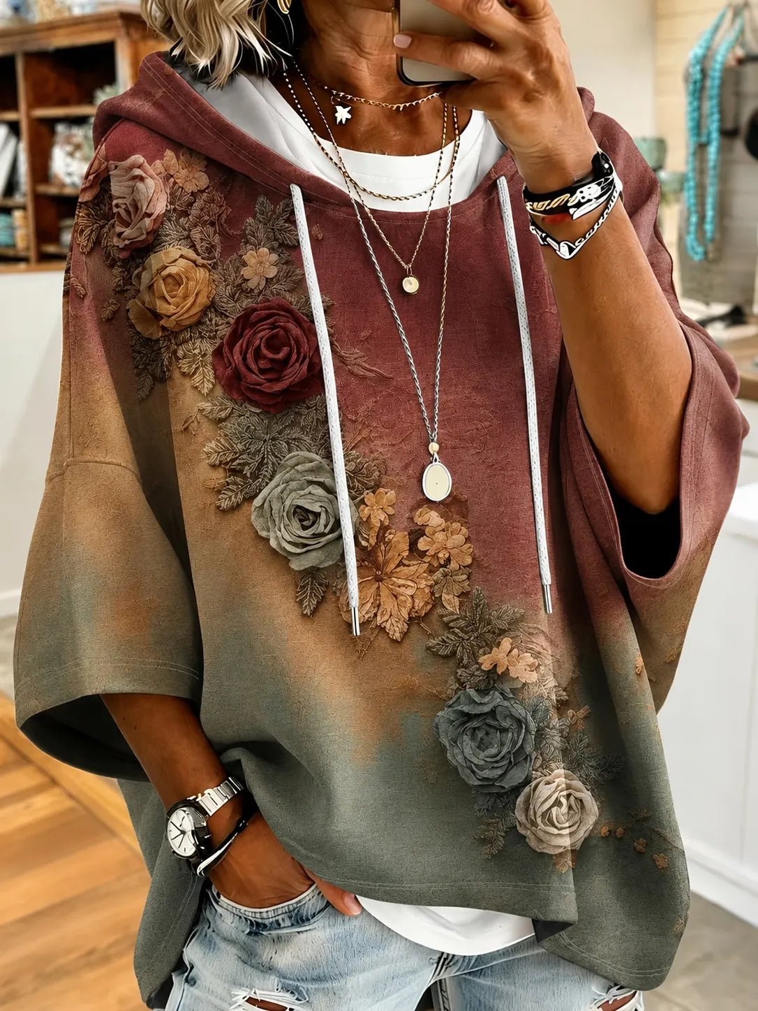 The Sunset Collection Women's Classic Bohemian Floral And Rose Gradient Print Hooded Sweatshirt