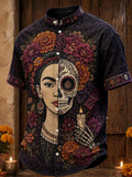 Men's Day Of The Dead Print Stand Collar Short Sleeve Shirt