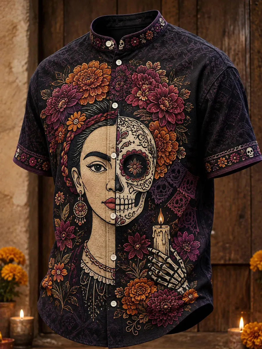 Men's Day Of The Dead Print Stand Collar Short Sleeve Shirt