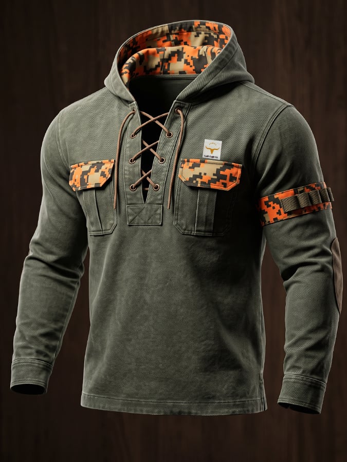 Men's Outdoor Camouflage-Panel Hoodie with Drawstring Collar
