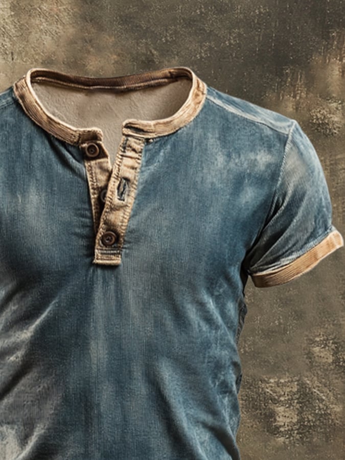 Men's casual retro wash colorblock Henley T-shirt