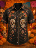 Men's Day Of The Dead Plant Flower And Skull Pattern Print Short Sleeve Buttons Shirt