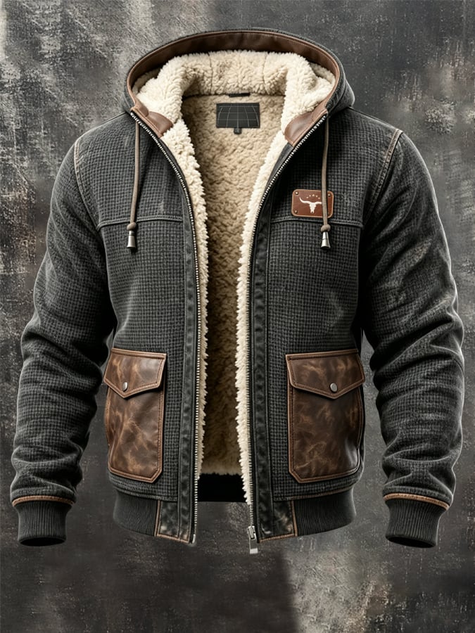 Men's Vintage Warm Multi-Pocket Outdoor Jacket with Waffle-Knit and Leather Paneling