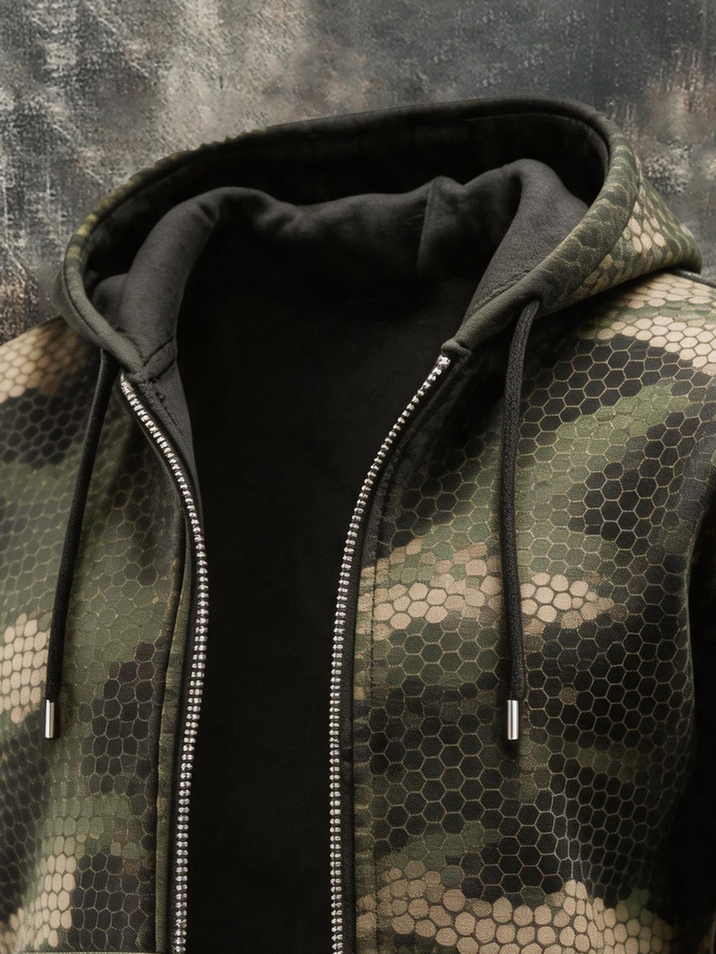 Men's Vintage Camouflage Print Hooded Zip-Up Jacket