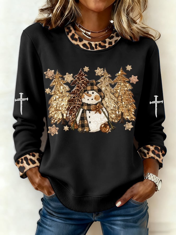 Women's Casual Leopard Print Snowman Sweatshirt