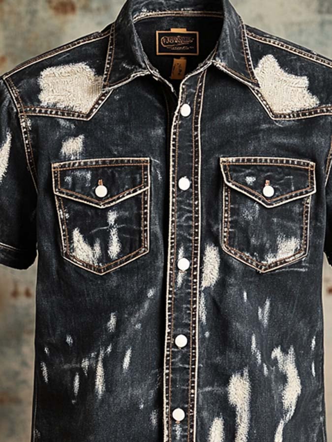 Men's vintage twill shirt with two pockets and short sleeves in a used look