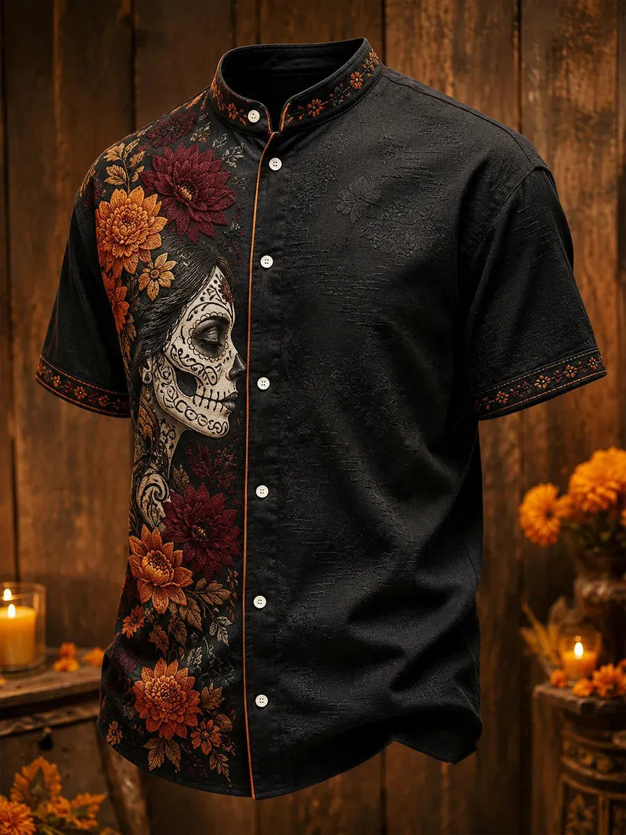 Men's Day Of The Dead Catrina In Elegant Side Profile Print Stand Collar Short Sleeve Shirt