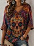 Women's Day Of The Dead Plant Flower And Skull Pattern Print Mid-length Sleeves V-Neck T-Shirt