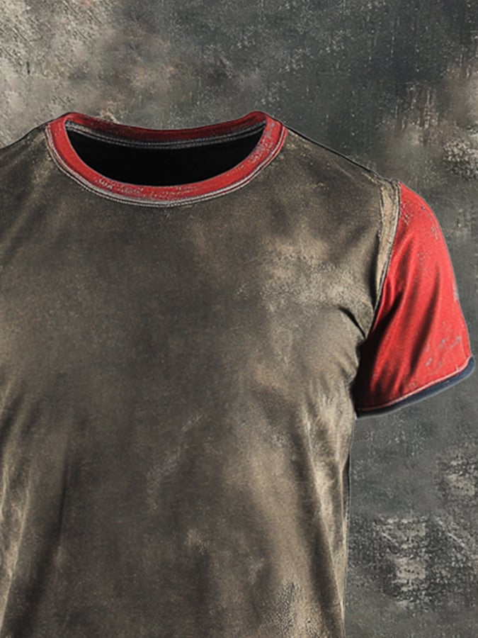 Men's Retro Washed Colorblock Casual Washed Round Neck Short Sleeve T-Shirt