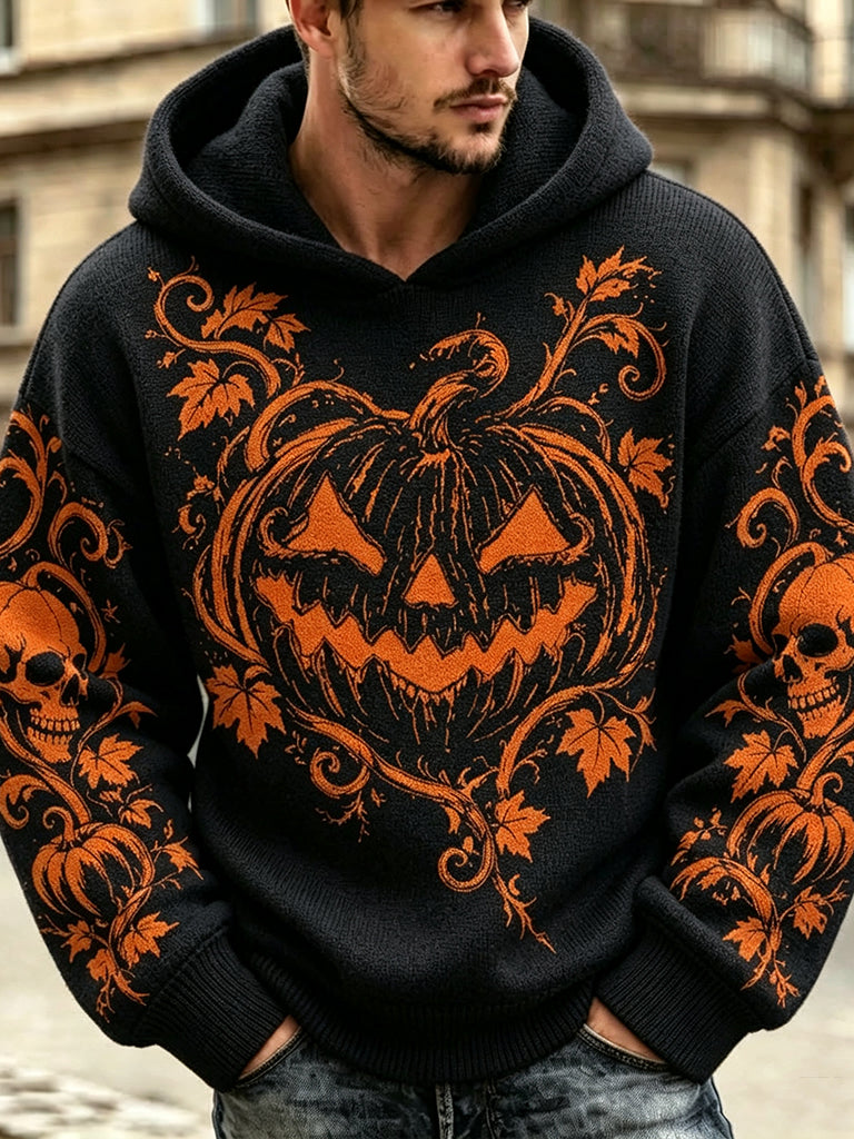 Men's Retro Halloween Pumpkin Smiley Face Knit Jacquard Warm Hooded Sweater