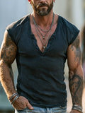 Men'S Fashion Color-Block Waffle-Knit Henley T-Shirt With Cap Sleeves