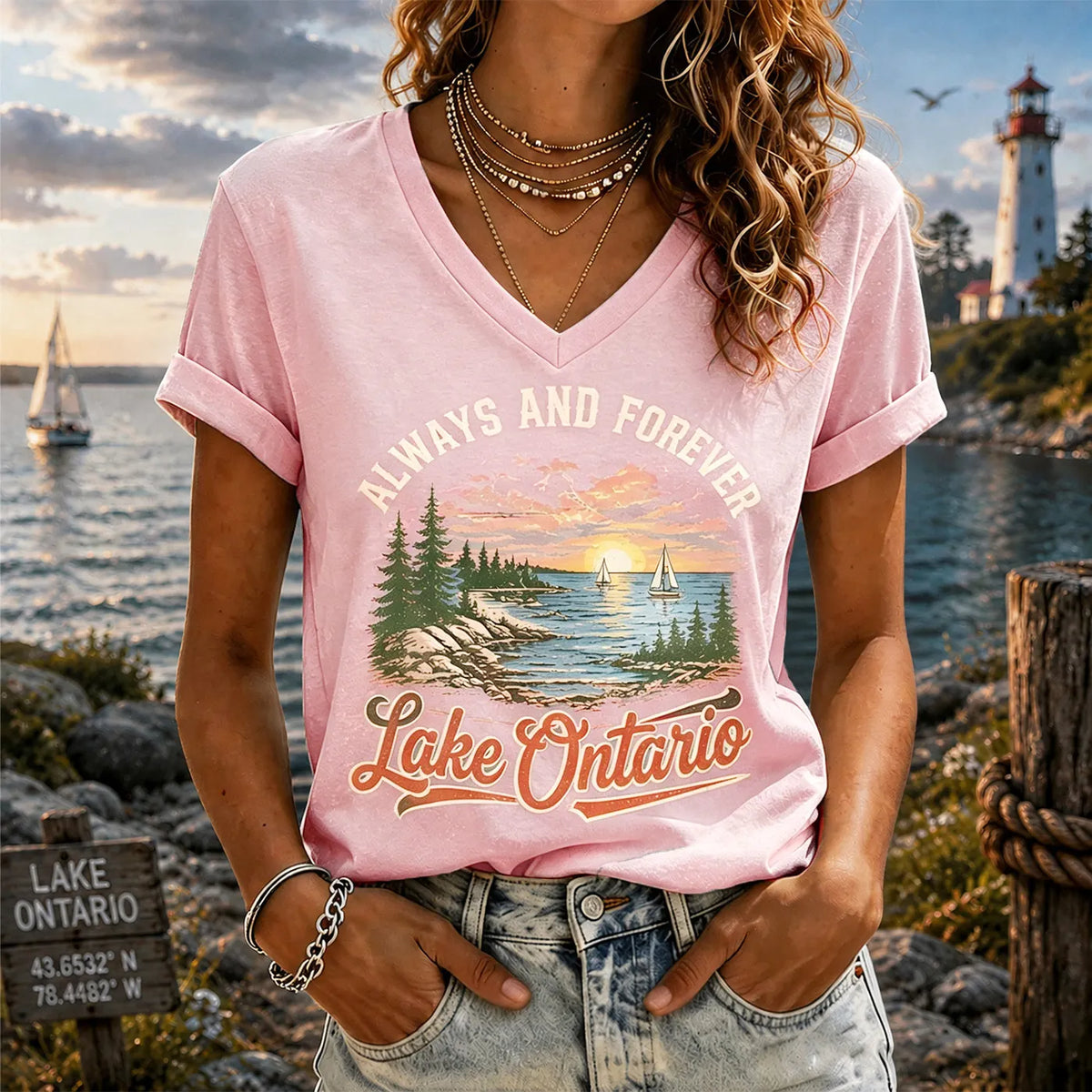 Retro Sunset Lakeside Ontario Timeless V-neck T-shirt