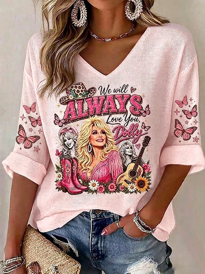 Women's Country Music Legend Tribute Print V Neck Top