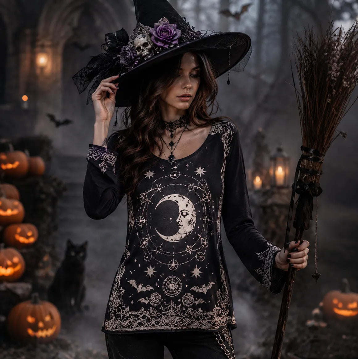 Women's Halloween Moon Witch Bat Casual T-shirt