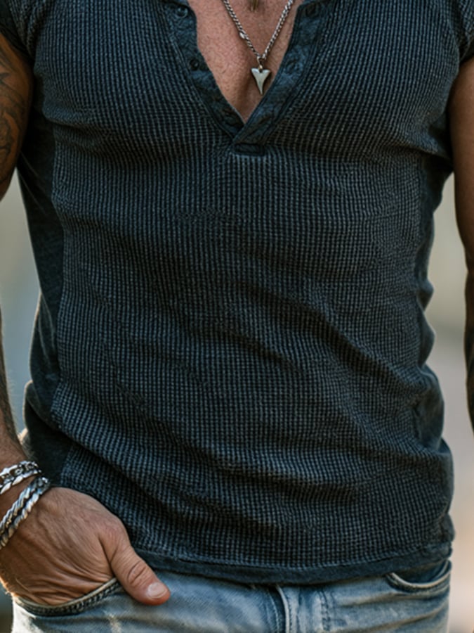 Men'S Fashion Color-Block Waffle-Knit Henley T-Shirt With Cap Sleeves