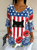 Women's American Flag Flower Cat Art V-neck 3/4 Sleeve Casual T-shirt
