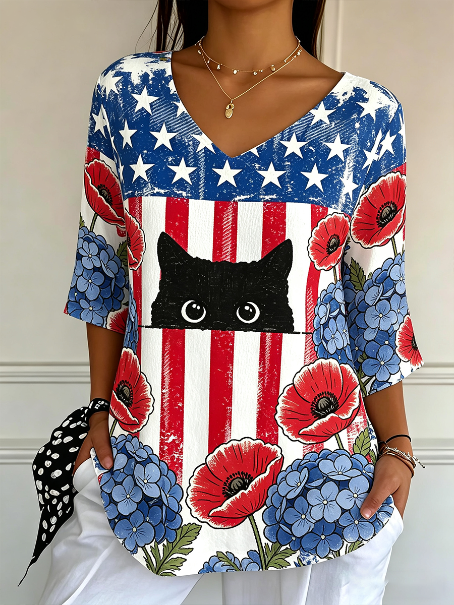 Women's American Flag Flower Cat Art V-neck 3/4 Sleeve Casual T-shirt