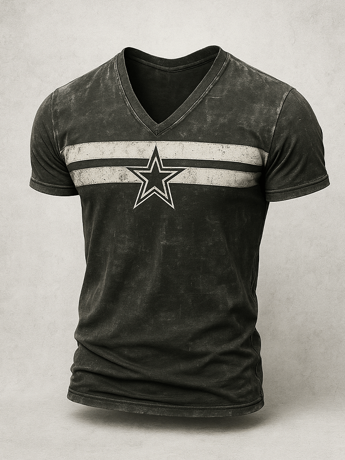 Men's Basic Casual Retro Washed Distressed Striped Contrast Stitching Short Sleeve V-Neck T-Shirt