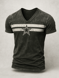 Men's Basic Casual Retro Washed Distressed Striped Contrast Stitching Short Sleeve V-Neck T-Shirt
